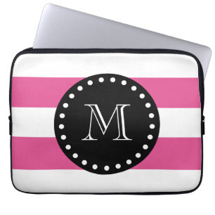 Hot Pink White Stripes Pattern, Black Monogram Laptop Sleeve