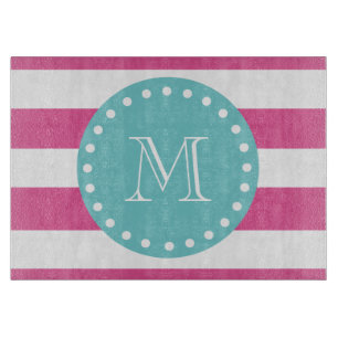 Hot Pink White Stripes Pattern, Teal Monogram Cutting Board