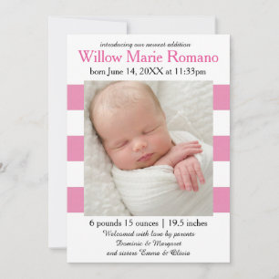 Hot Pink/White Stripes Photo - Birth Announcement