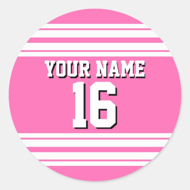 Hot Pink White Team Jersey Custom Number Name Classic Round Sticker (Front)