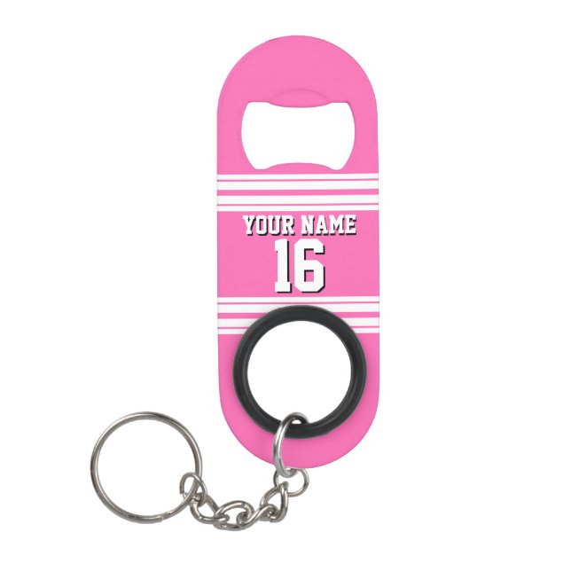 Hot Pink White Team Jersey Custom Number Name Mini Bottle Opener (Front)