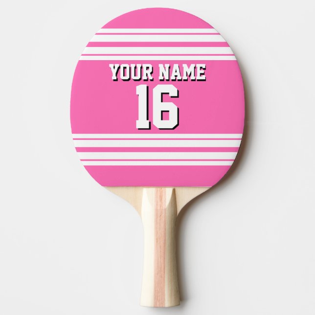 Hot Pink White Team Jersey Custom Number Name Ping Pong Paddle (Front)