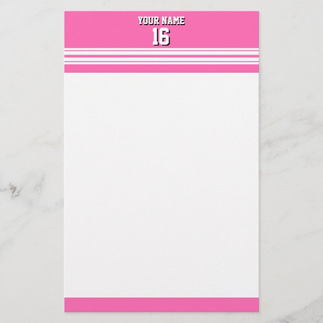 Hot Pink White Team Jersey Custom Number Name Stationery (Front)
