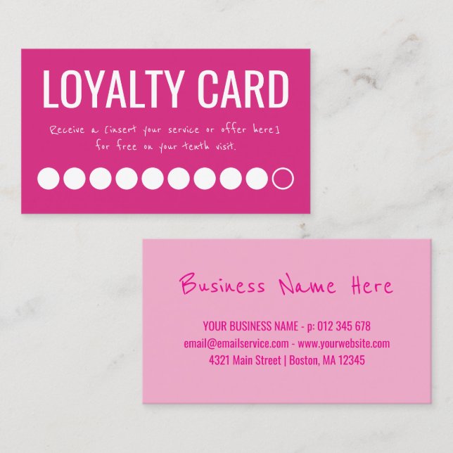 Hot Pink White Ten Visits Loyalty Punch Card (Front/Back)