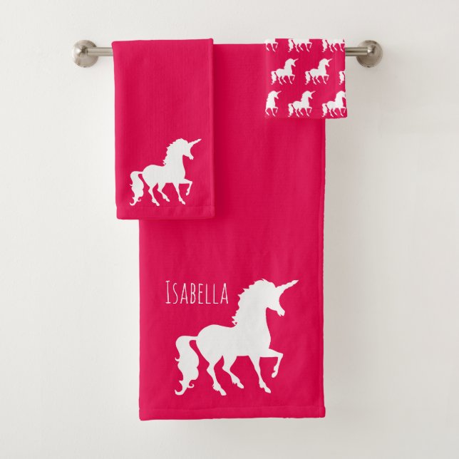 Hot Pink White Unicorn Silhouette Personalized Kid Bath Towel Set (Insitu)