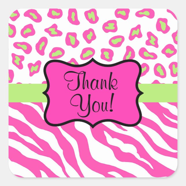 Hot Pink White zebra Leopard Skin Custom Thank You Square Sticker (Front)