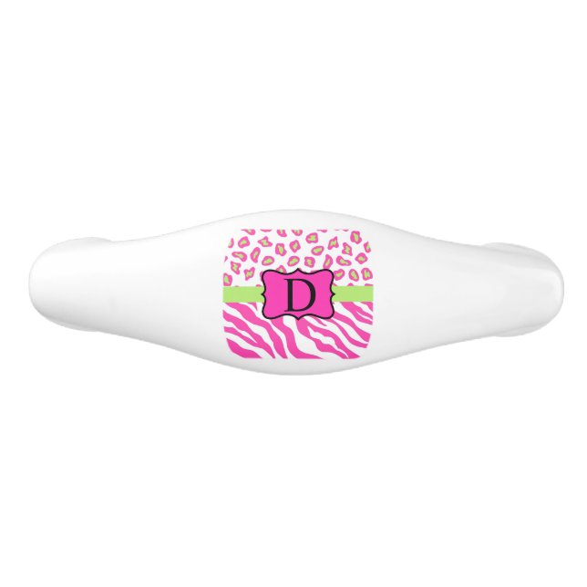 Hot Pink White zebra Leopard Skin Monogram Initial Ceramic Drawer Pull (Front)