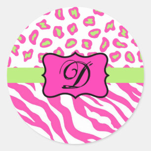 Hot Pink White zebra Leopard Skin Monogram Initial Classic Round Sticker