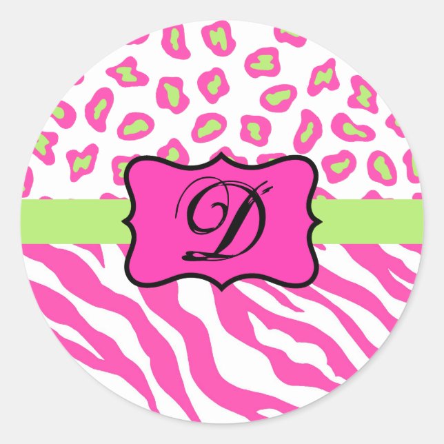 Hot Pink White zebra Leopard Skin Monogram Initial Classic Round Sticker (Front)