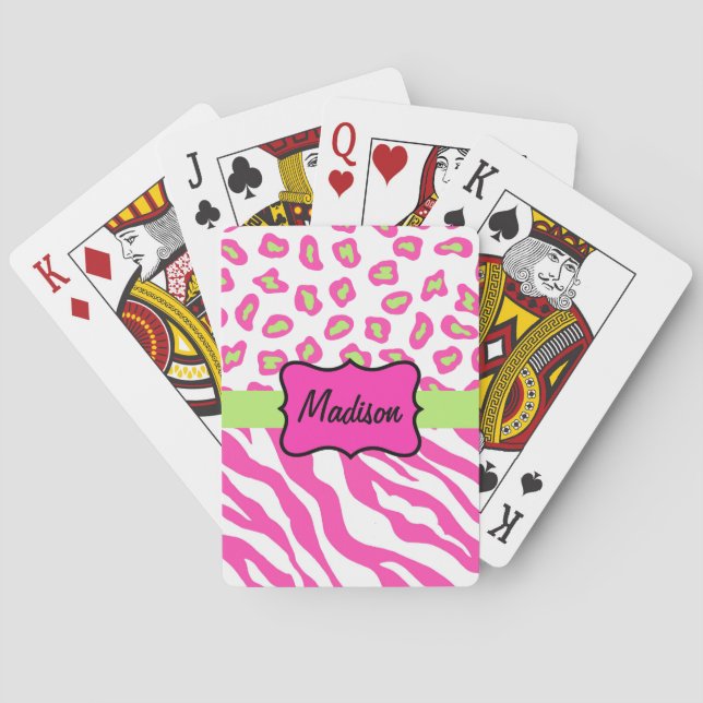 Hot Pink White Zebra Leopard Skin Name Personalize Playing Cards (Back)