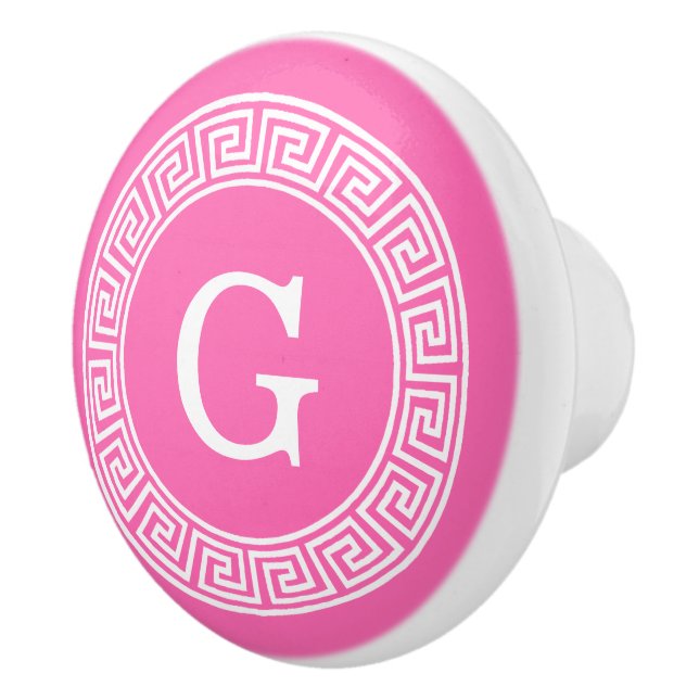 Hot Pink Wht Greek Key Rnd Frame Initial Monogram Ceramic Knob (Right)