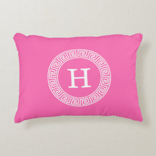 Hot Pink Wht Greek Key Rnd Frame Initial Monogram Decorative Pillow