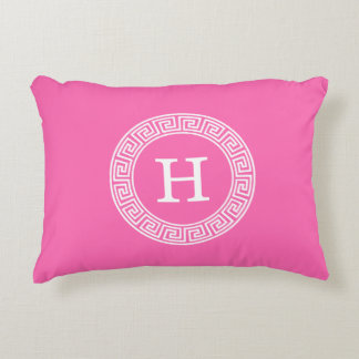 Hot Pink Wht Greek Key Rnd Frame Initial Monogram Decorative Pillow