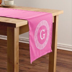Hot Pink Wht Greek Key Rnd Frame Initial Monogram Short Table Runner