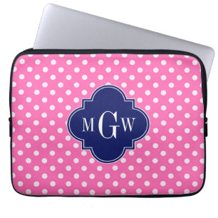 Hot Pink Wht Polka Dots Navy Quatrefoil 3 Monogram Laptop Sleeve