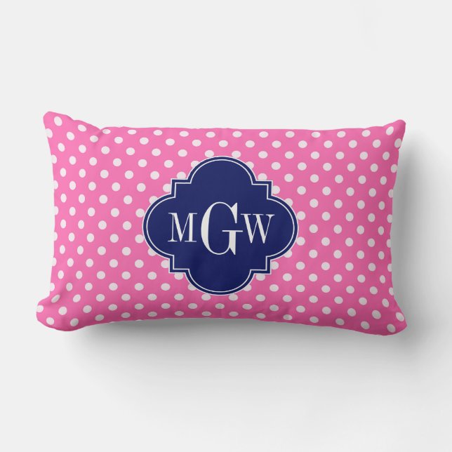 Hot Pink Wht Polka Dots Navy Quatrefoil 3 Monogram Lumbar Pillow (Front)