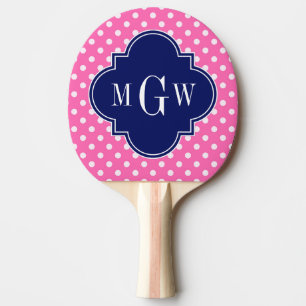 Hot Pink Wht Polka Dots Navy Quatrefoil 3 Monogram Ping Pong Paddle