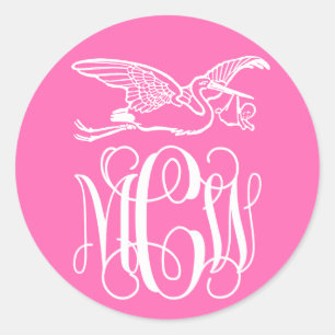 Hot Pink Wht Vine Monogram Font Stork Baby DIY BG Classic Round Sticker