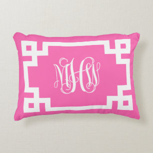 Hot Pink Wht Vine Script Monogram Greek Key DIY BG Accent Pillow