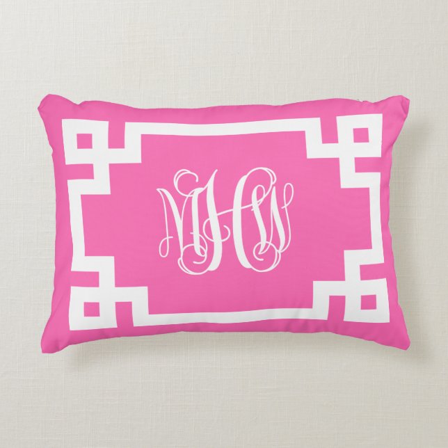 Hot Pink Wht Vine Script Monogram Greek Key DIY BG Accent Pillow (Front)