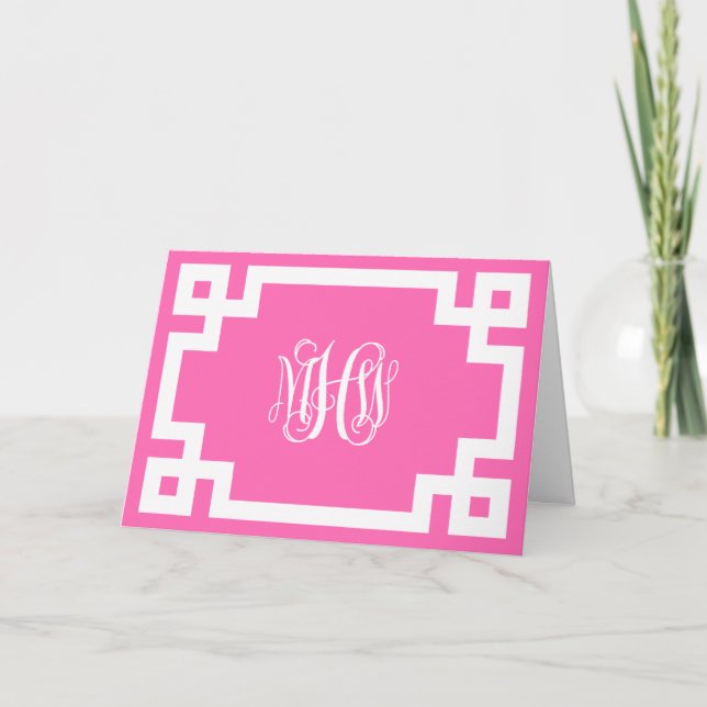 Hot Pink Wht Vine Script Monogram Greek Key DIY BG Card (Front)