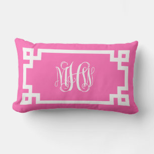 Hot Pink Wht Vine Script Monogram Greek Key DIY BG Lumbar Pillow