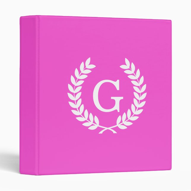 Hot Pink Wht Wheat Laurel Wreath Initial Monogram Binder (Front/Spine)