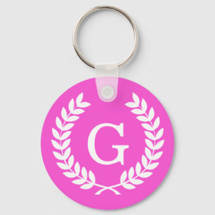 Hot Pink Wht Wheat Laurel Wreath Initial Monogram Keychain