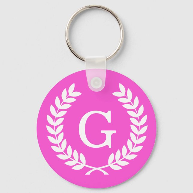 Hot Pink Wht Wheat Laurel Wreath Initial Monogram Keychain (Front)