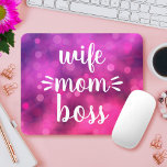 Hot Pink Wife Mom Boss Babe Fun Script Typography Mouse Pad<br><div class="desc">“Wife. Mom. Boss.” You know she runs the household and keeps everyone in line. Make sure she never forgets that by gifting her this playful, colorful mousepad. With bold, white handwriting script on a purple pink bokeh background, this statement mousepad will add a bit of sassy fun to her workday....</div>