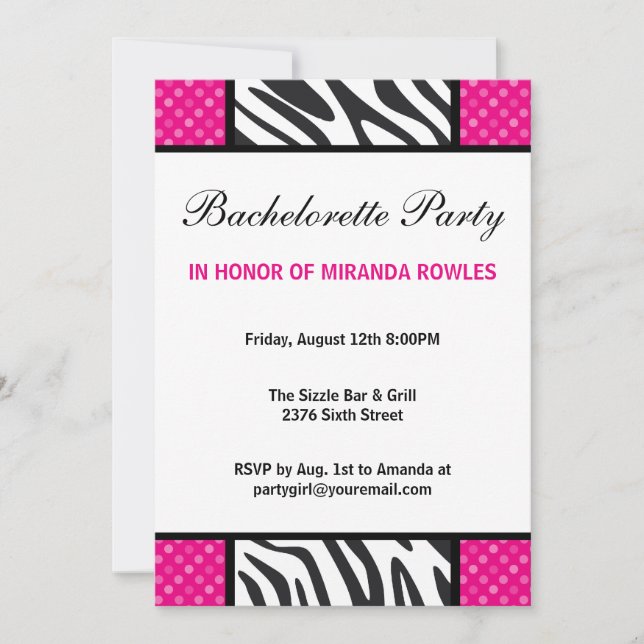 Hot Pink Wild Zebra Bachelorette Party Invitation (Front)