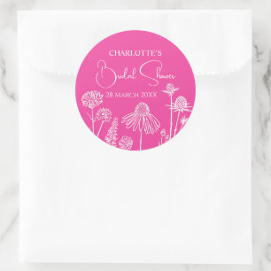Hot Pink Wildflowers Sketched Floral  Classic Round Sticker