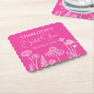 Hot Pink Wildflowers Sketched Floral  Paper Coaster
