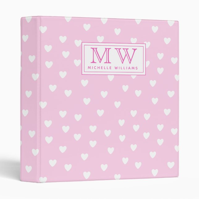 Hot Pink with Cute White Hearts Pattern - Monogram Binder (Front/Spine)