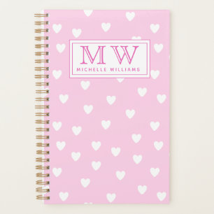 Hot Pink with Cute White Hearts Pattern - Monogram Planner