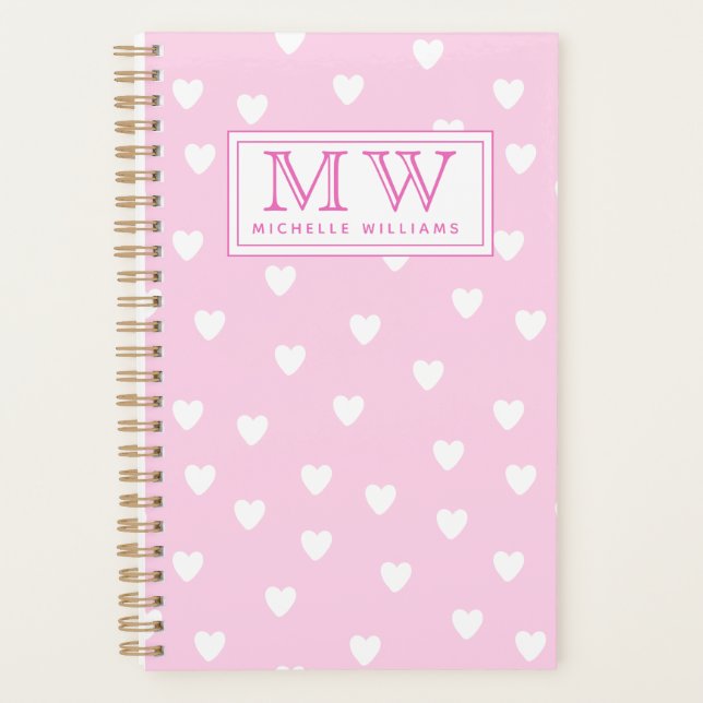 Hot Pink with Cute White Hearts Pattern - Monogram Planner (Front)