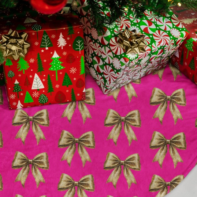 Hot Pink with Gold Glitter Bows Brushed Polyester Tree Skirt (Hot pink with gold coquette bows Christmas Tree Skirt)