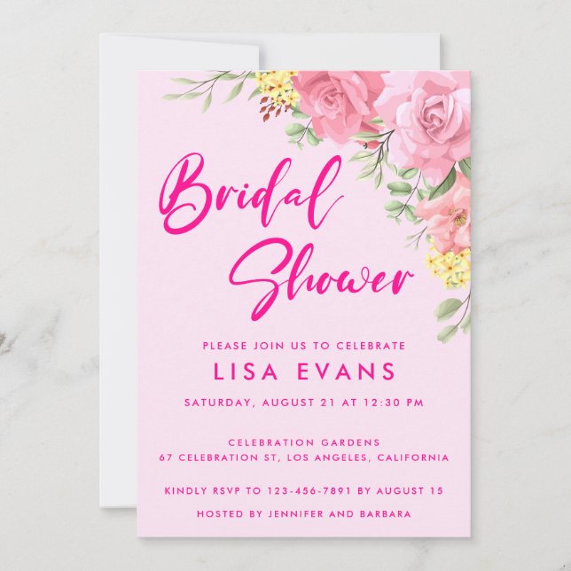 Hot Pink With Roses Bridal Shower Invitation (Front)