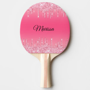 Hot Pink With Sparkling Silver Glitter Drips Ping Pong Paddle