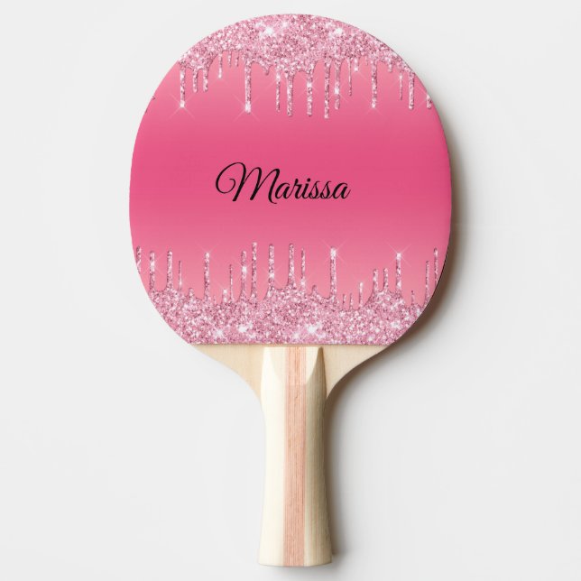 Hot Pink With Sparkling Silver Glitter Drips Ping Pong Paddle (Front)