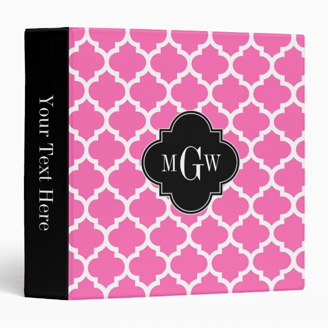 Hot Pink Wt Moroccan #5 Black 3 Initial Monogram Binder (Front/Spine)