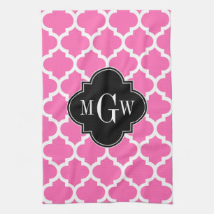 Hot Pink Wt Moroccan #5 Black 3 Initial Monogram Kitchen Towel