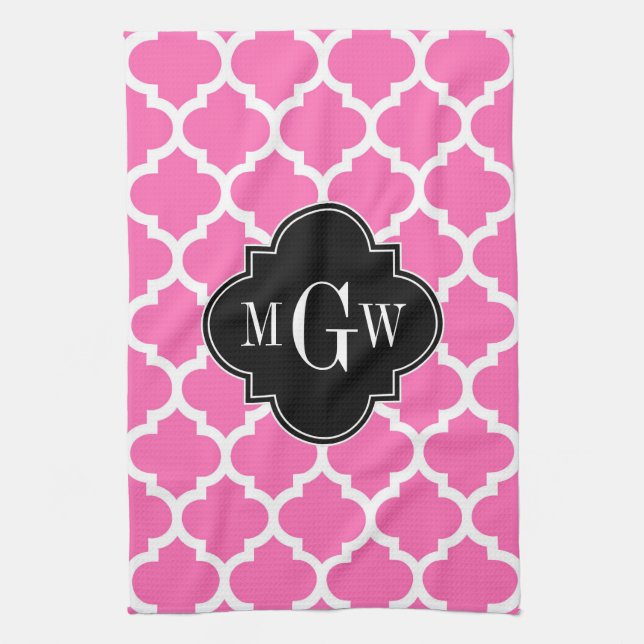 Hot Pink Wt Moroccan #5 Black 3 Initial Monogram Kitchen Towel (Vertical)