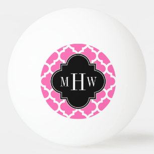 Hot Pink Wt Moroccan #5 Black 3 Initial Monogram Ping Pong Ball