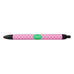 Hot Pink Wt Moroccan #5 Emerald 3 Initial Monogram Black Ink Pen