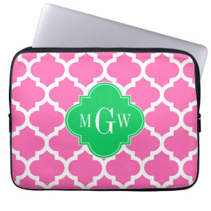 Hot Pink Wt Moroccan #5 Emerald 3 Initial Monogram Laptop Sleeve