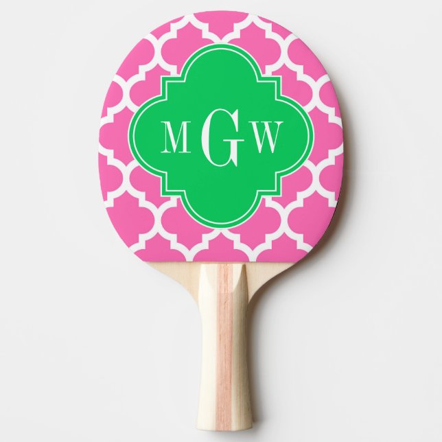 Hot Pink Wt Moroccan #5 Emerald 3 Initial Monogram Ping Pong Paddle (Front)
