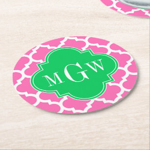 Hot Pink Wt Moroccan #5 Emerald 3 Initial Monogram Round Paper Coaster