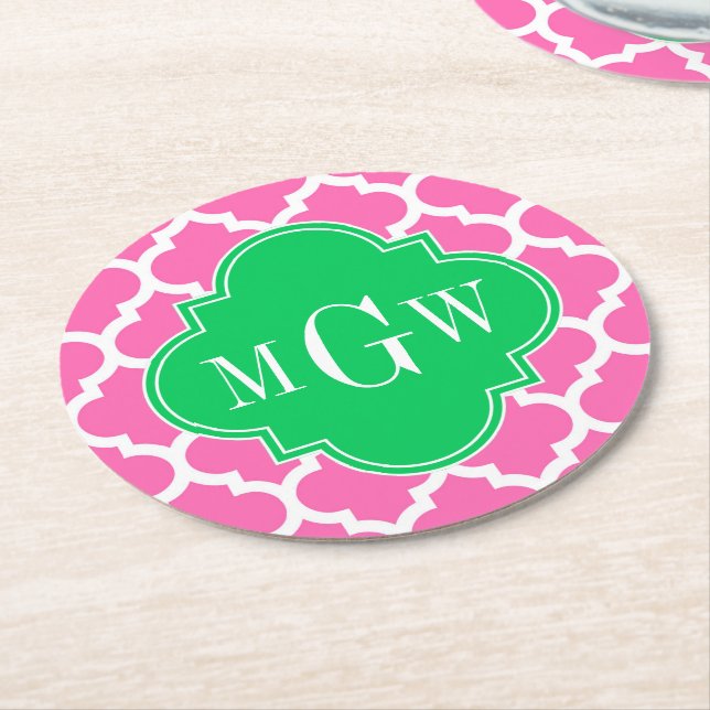 Hot Pink Wt Moroccan #5 Emerald 3 Initial Monogram Round Paper Coaster (Angled)
