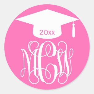 Hot Pink Wt Vine Script Monogram Graduation DIY BG Classic Round Sticker